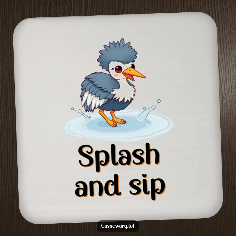 Funny drink coaster with a kawaii cassowary splashing in a puddle, protecting surfaces with a playful and artistic touch.