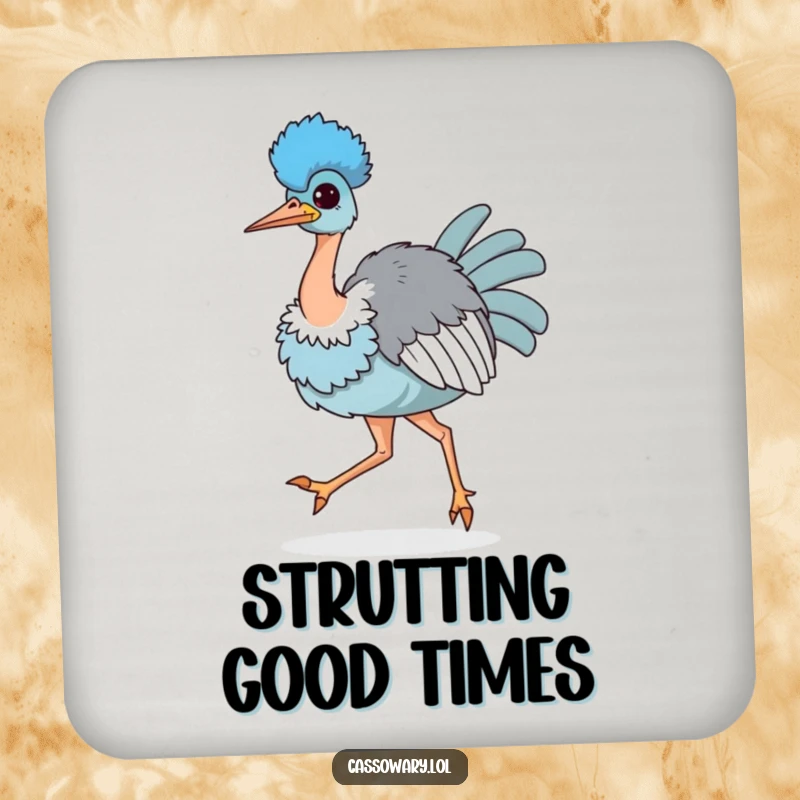 Funny drink coaster with a kawaii cassowary strutting proudly, chest puffed out, adding a touch of confidence and humor to any surface.