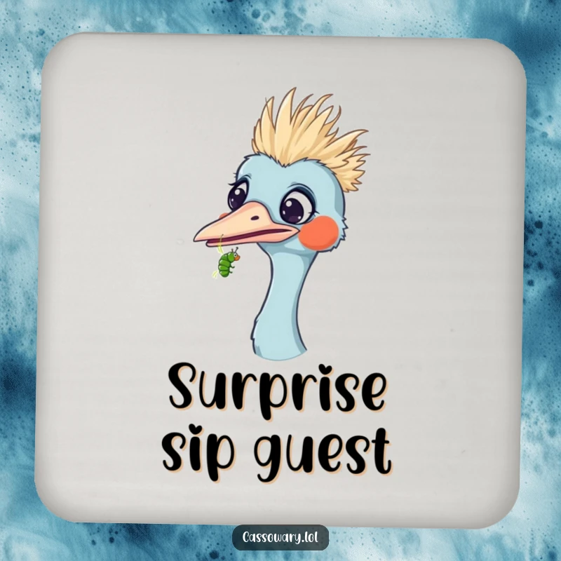 Funny drink coaster with a cassowary looking surprised as a tiny caterpillar crawls on its beak, protecting surfaces and spreading smiles.