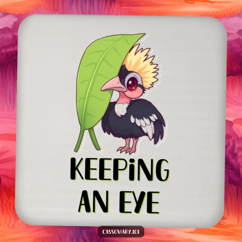 Funny cassowary coaster, a curious bird peeking from behind a leaf, offering surface protection with a humorous and intriguing design.