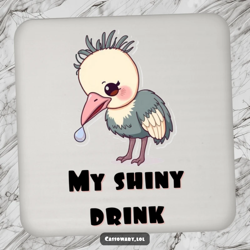 Funny Cassowary Treasure Drink Coasters: Humorous coasters with a cassowary gently nudging a shiny object, symbolizing protection of surfaces.