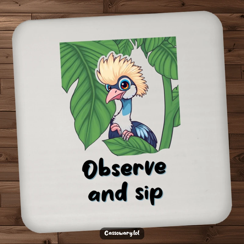 Funny cassowary drink coaster with a playful cassowary peeking from behind a lush tropical leaf, protecting surfaces with humor.