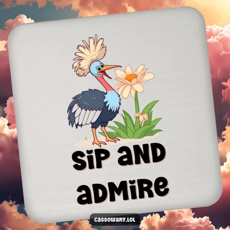 Funny cassowary bird looking enthusiastically at a giant flower on a humorous drink coaster.