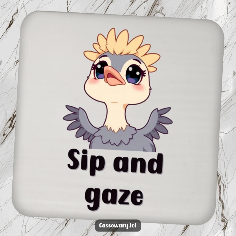 Funny drink coaster with a kawaii cassowary, wide eyes gazing at the sky, adding a touch of whimsical wonder to any surface.