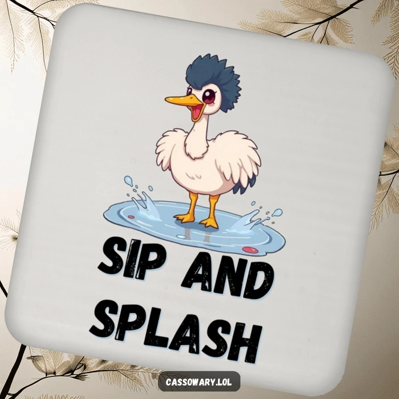 Funny cassowary coaster featuring a happy bird splashing in a puddle, protecting surfaces with a humorous and artistic bird design.