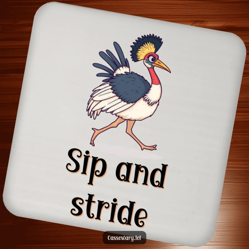 Funny Cassowary Coaster showing a determined bird marching forward, perfect for protecting surfaces.