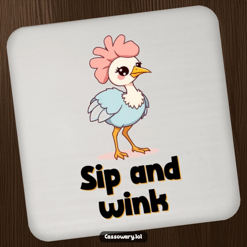 Funny kawaii cassowary drink coaster, a coaster featuring an adorable bird winking and strutting confidently, protecting surfaces with cute charm.