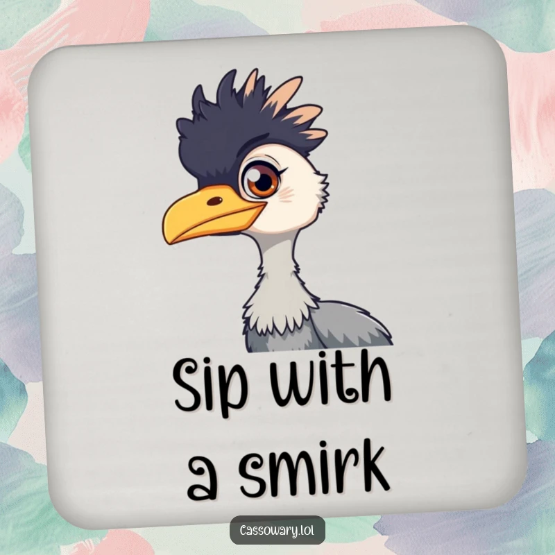 Funny cassowary drink coaster, a coaster featuring a cassowary with a playful gleam in its eye, protecting surfaces with mischievous charm.