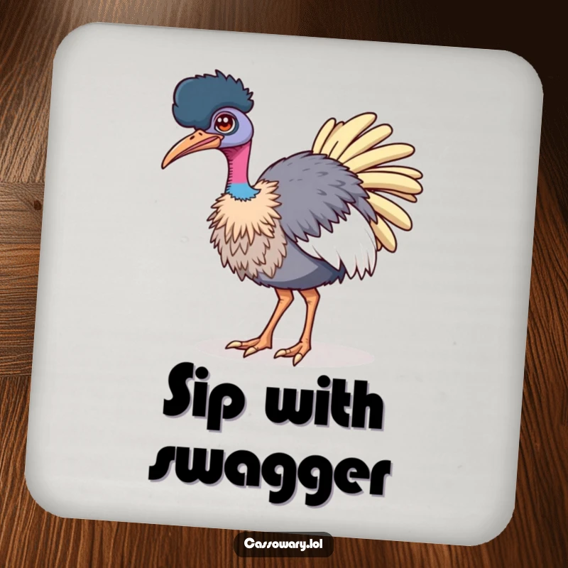 Funny drink coaster featuring a cassowary winking confidently while strutting, adding a touch of bold humor to tables.