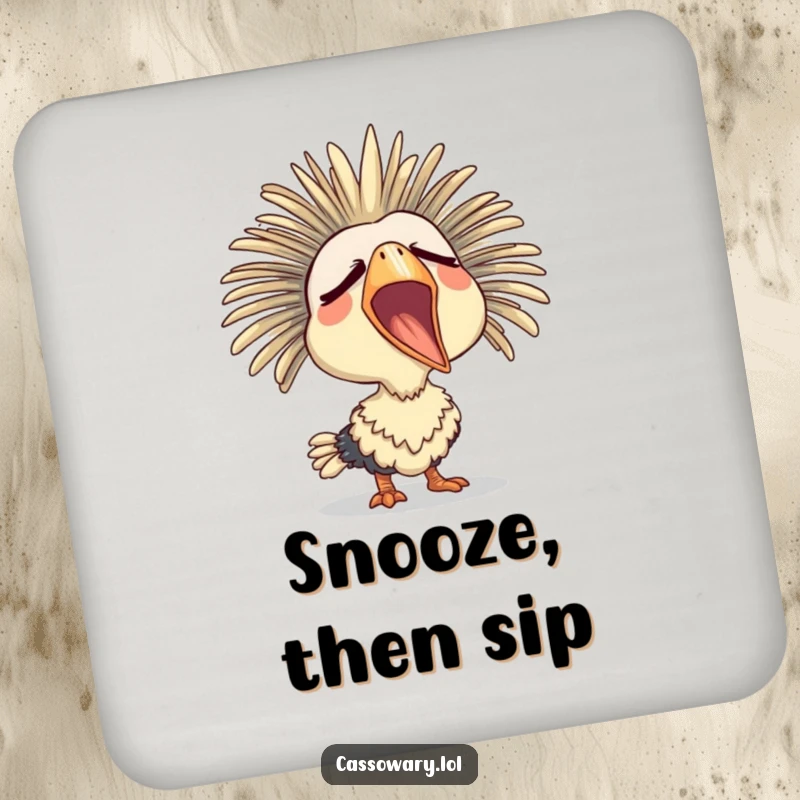 Funny drink coaster featuring a cassowary yawning widely with a sleepy expression, adding a touch of calm humor to tables.