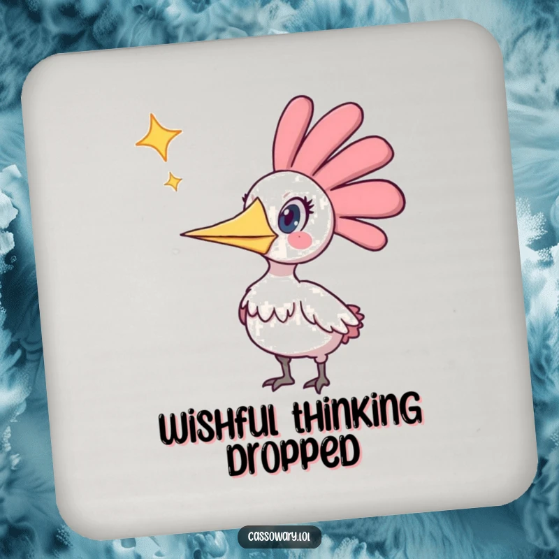 Funny drink coaster with a cassowary looking astonished by a falling star, protecting surfaces with a celestial-themed humorous design.