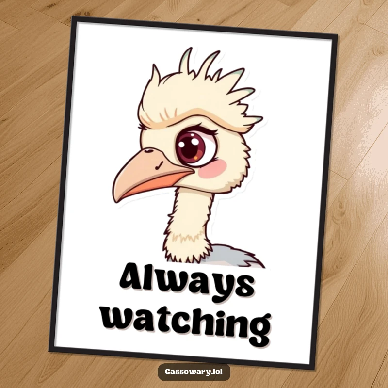 Funny Cassowary Poster: Striking wall art of a cassowary with one eye wide, humorously focused on an unseen point of interest.