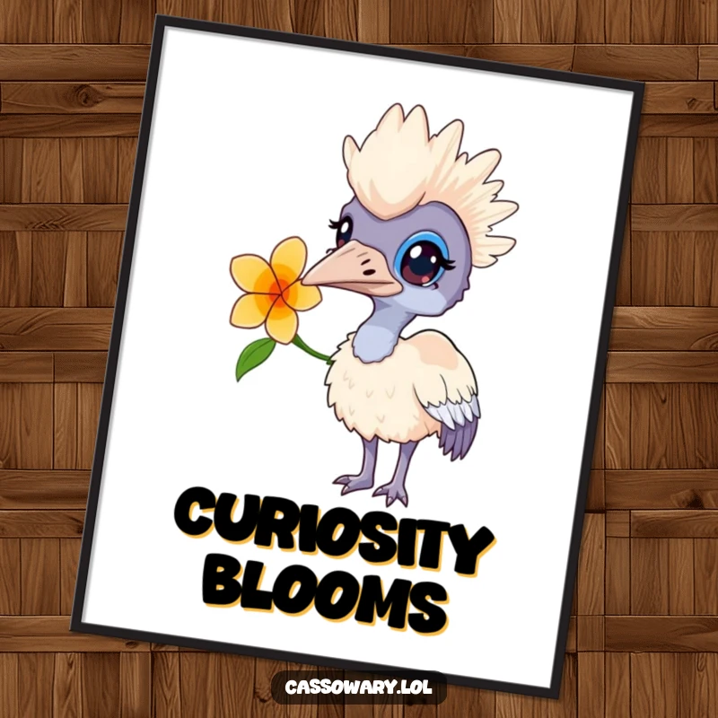 Funny poster of a curious cassowary with a flower tucked behind its ear, inviting viewers to wonder what it's looking at.