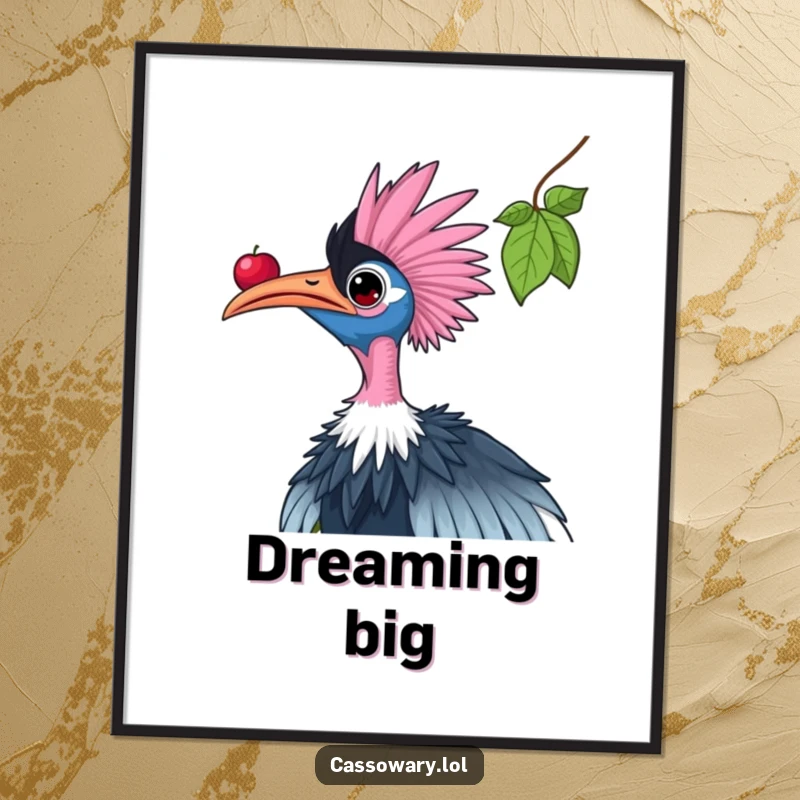 Funny cassowary poster illustrating a bird stretching its neck towards a high berry, representing effort and humorous ambition.