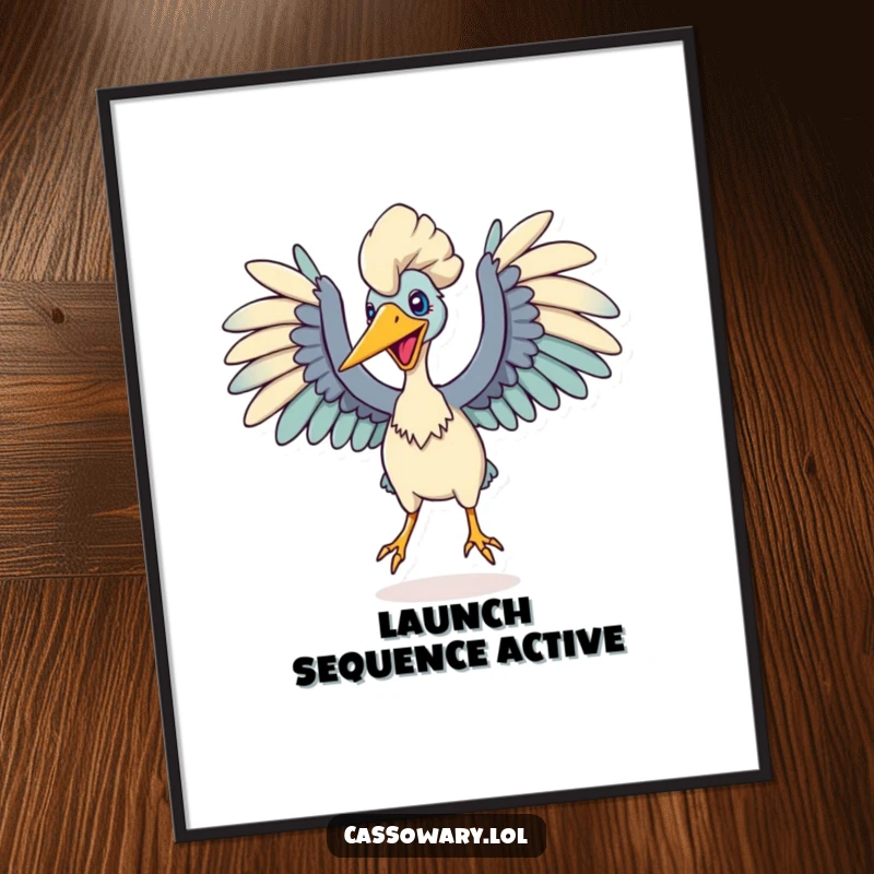 Funny poster depicting a cassowary with wings spread wide, captured in a powerful pose just before leaping, exuding humor and dynamism.