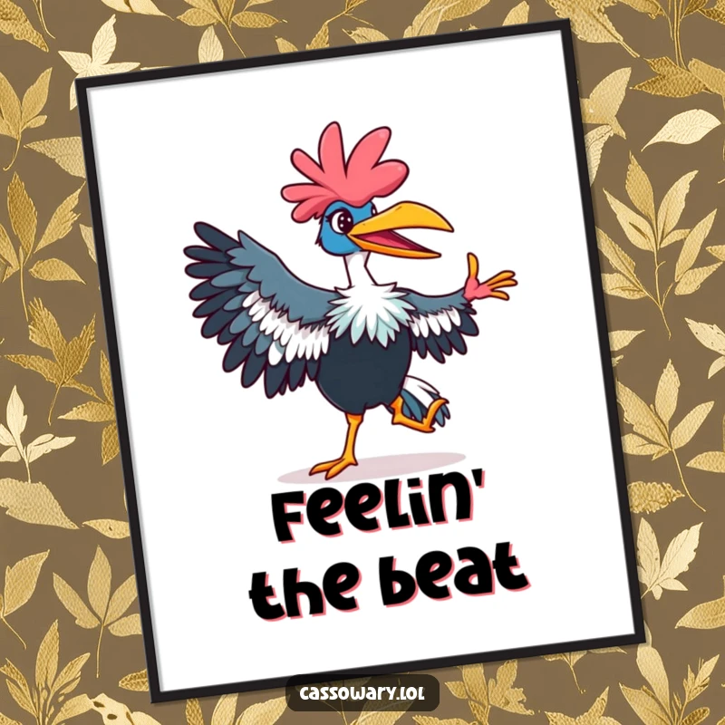 Funny cassowary poster featuring a vibrant bird with a grin, performing a dance move, adding colorful humor to any room.