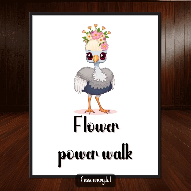 Funny cassowary poster showcasing a bird wearing a tiny floral crown and strutting proudly, a humorous depiction of royalty.