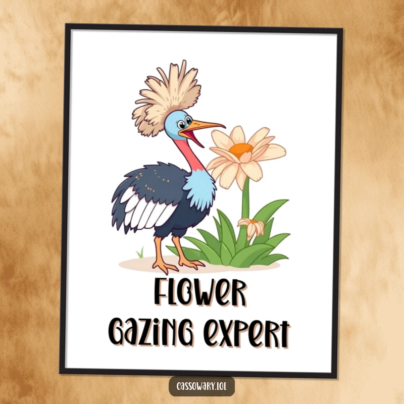 Funny cassowary bird looking with enthusiastic wonder at a giant flower, perfect for humorous wall art.