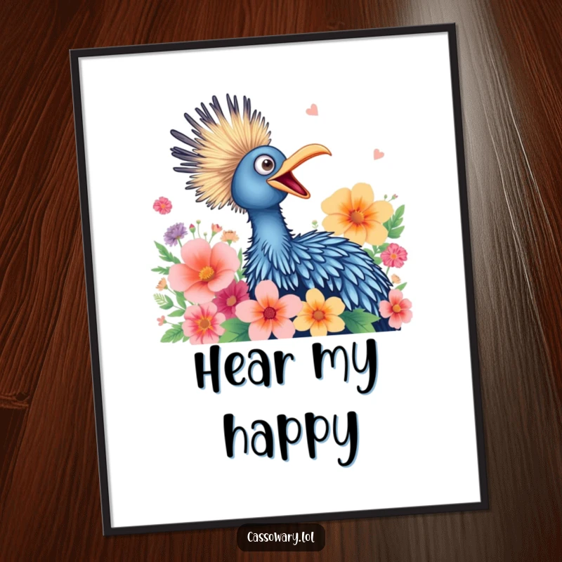 Funny poster illustrating a cassowary joyfully squawking surrounded by vibrant flowers, capturing a moment of pure happiness.