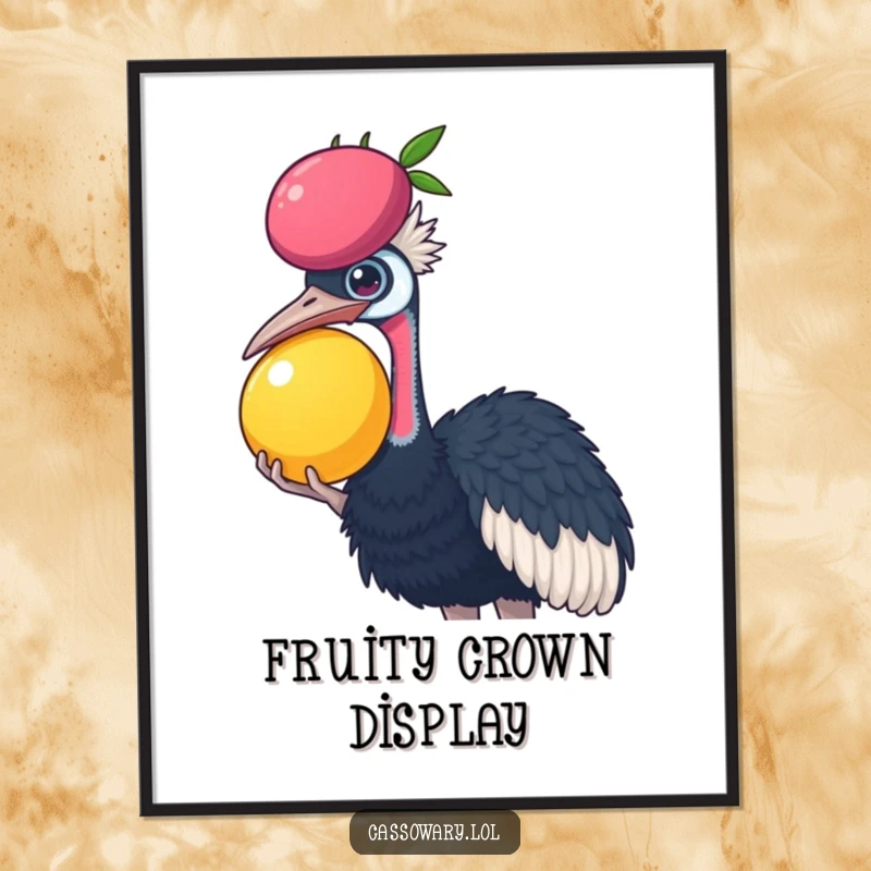 Funny Cassowary poster depicting a cassowary trying to balance a large, juicy fruit on its head, a humorous and visually striking art piece.