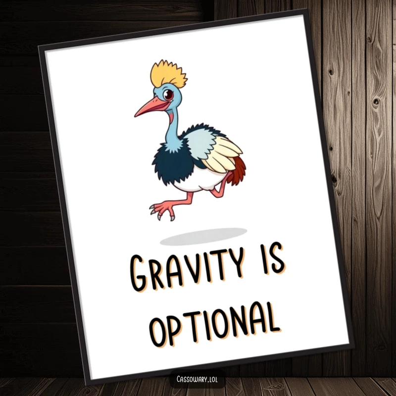 Funny cassowary poster art of a cassowary doing a comical little hop with its large feet, bringing joy to walls.