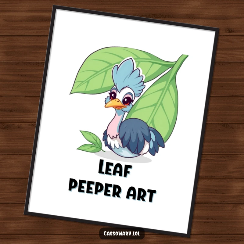 Funny cassowary poster of a cheerful bird peeking from behind a large leaf, adding playful humor and artistic charm to any room.