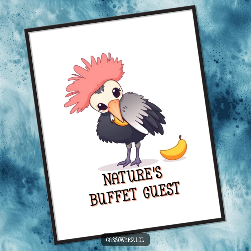 Funny poster art of a cassowary playfully nudging a fallen mango with its beak, adding a touch of jungle humor to any room.