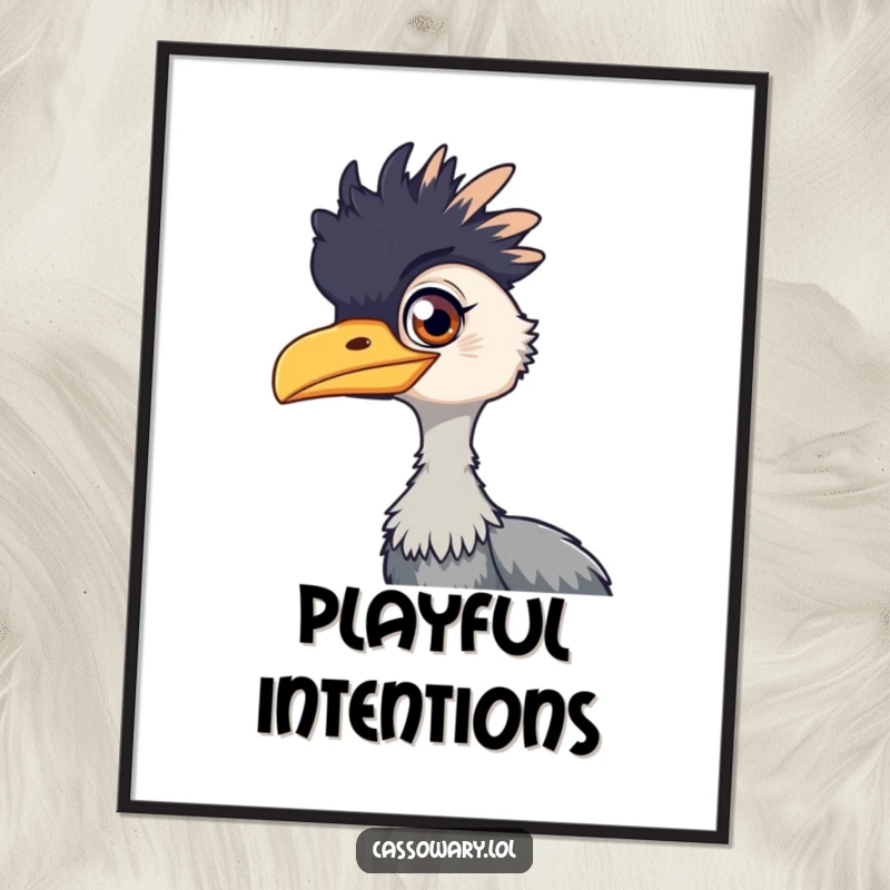 Funny cassowary poster, a captivating artwork of a bird with a playful gleam in its eye, adding a touch of mischief to decor.