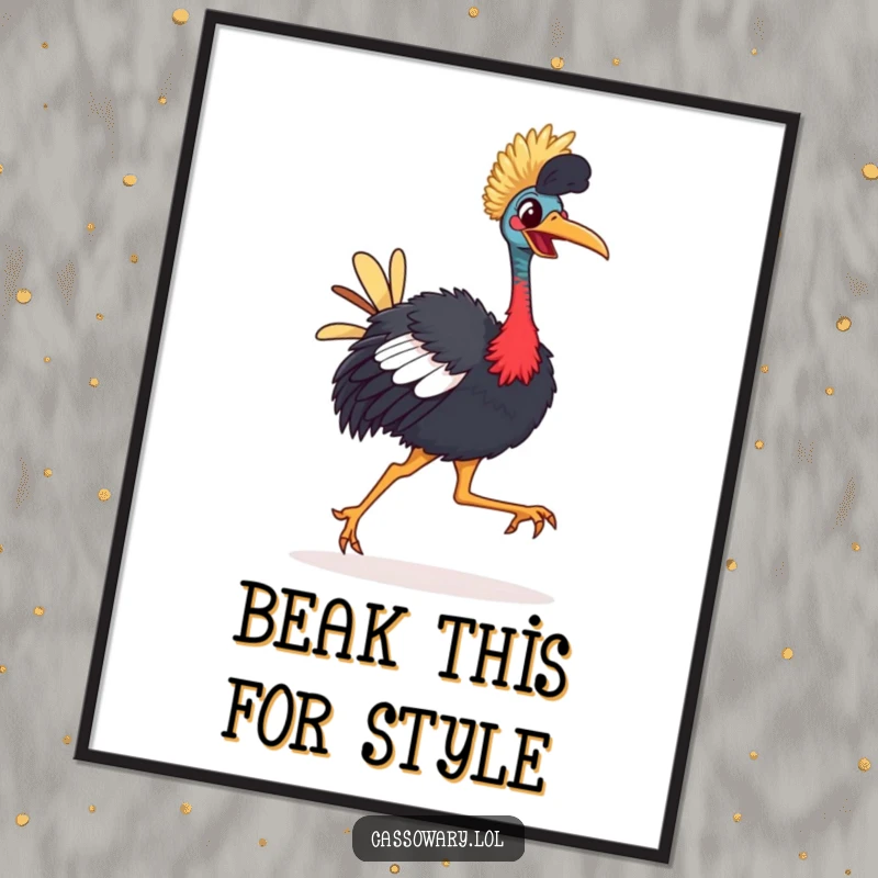 Funny Cassowary Poster: A brightly-beaked bird happily strutting with a comical, joyful gait, adding humor to walls.