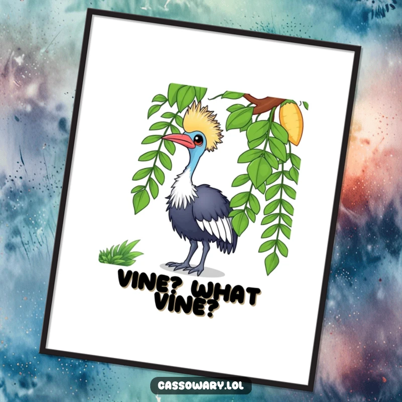 Funny cassowary poster featuring a curious bird tilting its head at a vine, adding a touch of humor to decor.