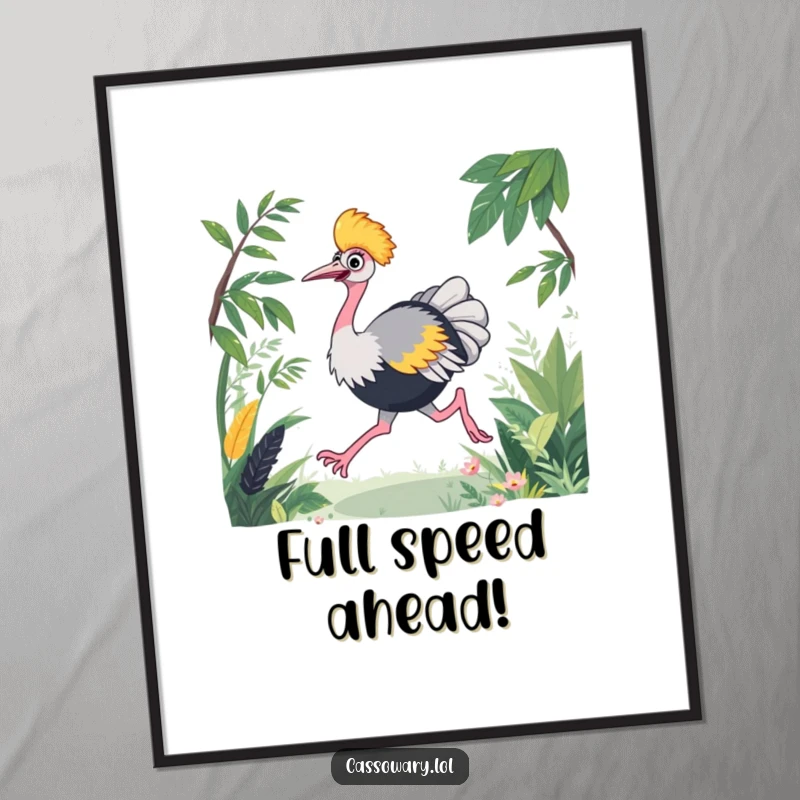Funny cassowary poster showcasing an energetic bird joyfully racing through dense, lush green foliage, vibrant wall art.