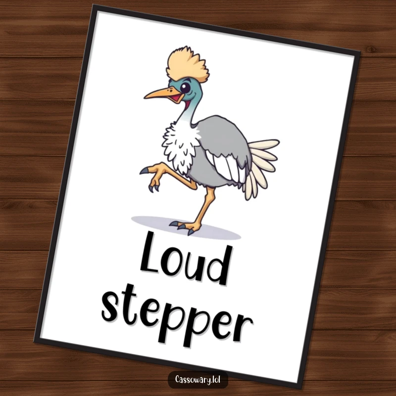 Funny cassowary poster, a dynamic artwork of an enthusiastic cassowary bird tapping its foot, adding energy and humor to wall decor.