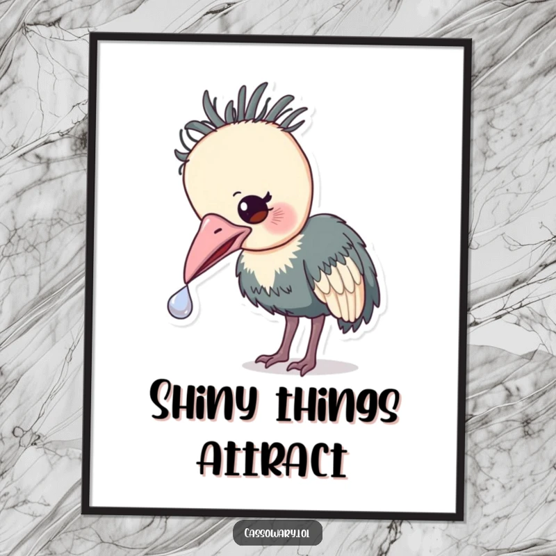 Funny Cassowary Treasure Poster: Humorous wall art of a cassowary gently nudging a small, shiny object with its beak, showing curiosity.