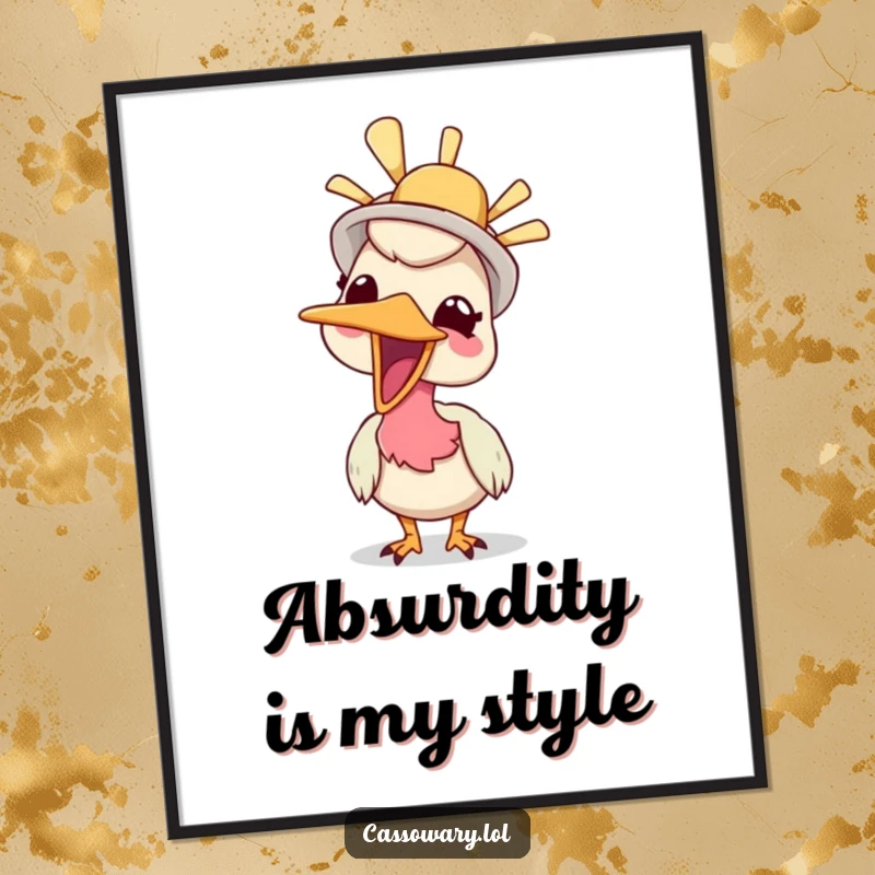 Funny poster art of a cassowary giggling while wearing a silly hat, bringing whimsical humor and charm to any room.