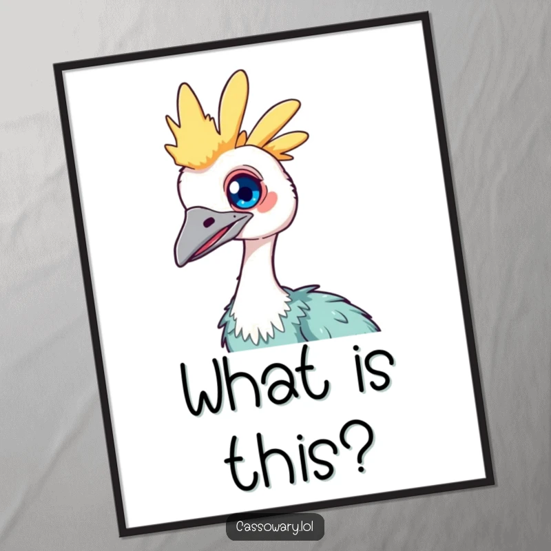 Funny Kawaii Cassowary Poster: Art print depicting a cute bird with a bright, curious eye, tilting its head inquisitively.