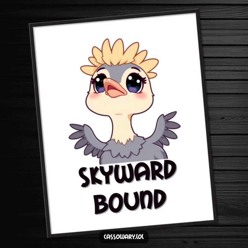 Funny poster featuring a kawaii cassowary with wide eyes gazing up at the sky, evoking feelings of curiosity and gentle wonder.