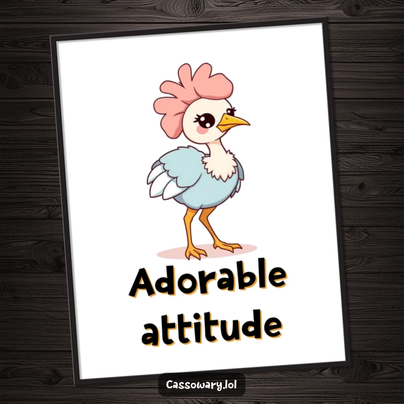 Funny kawaii cassowary poster, a charming artwork of an adorable bird winking and strutting confidently, adding cuteness and humor to decor.