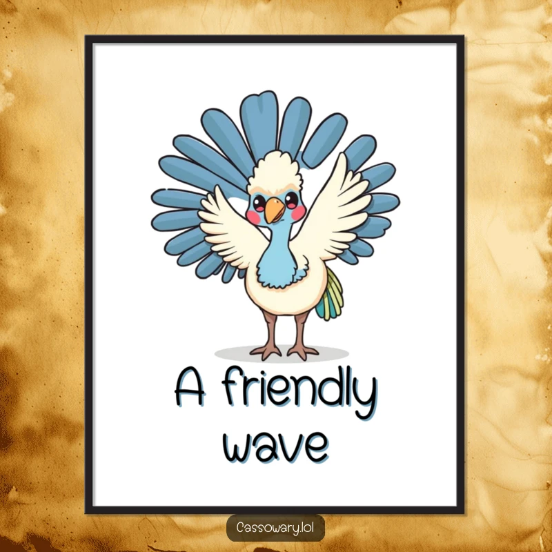 Funny kawaii cassowary poster showcasing a friendly bird waving its wing, perfect for adding a cheerful and welcoming vibe.