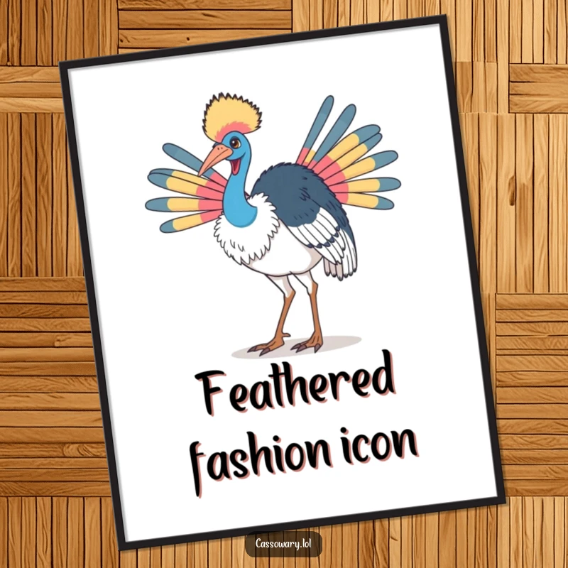 Funny cassowary poster art showing a bird doing a proud strut with its colorful neck feathers, radiating confidence and vibrant style.