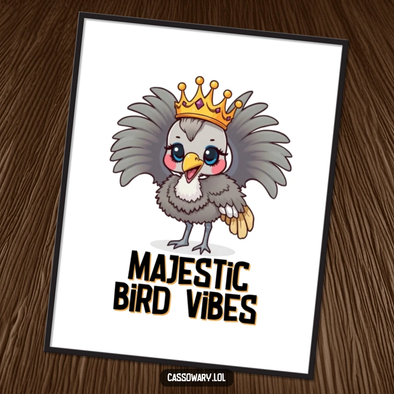 Funny cassowary wearing a crown, proudly parading, humorous and majestic wall art.