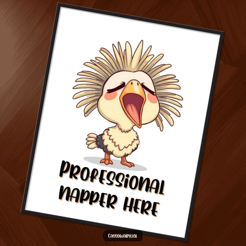 Funny poster art of a cassowary yawning widely with a sleepy expression, adding a touch of calm humor to walls.