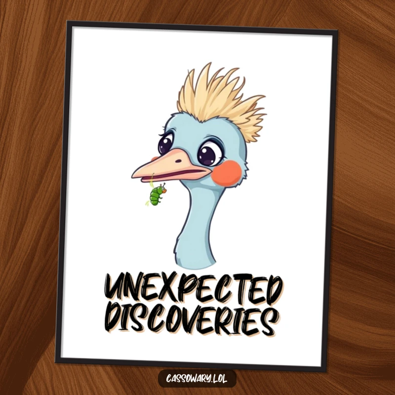 Funny poster of a cassowary looking completely surprised as a tiny caterpillar crawls on its beak, capturing a moment of shock.