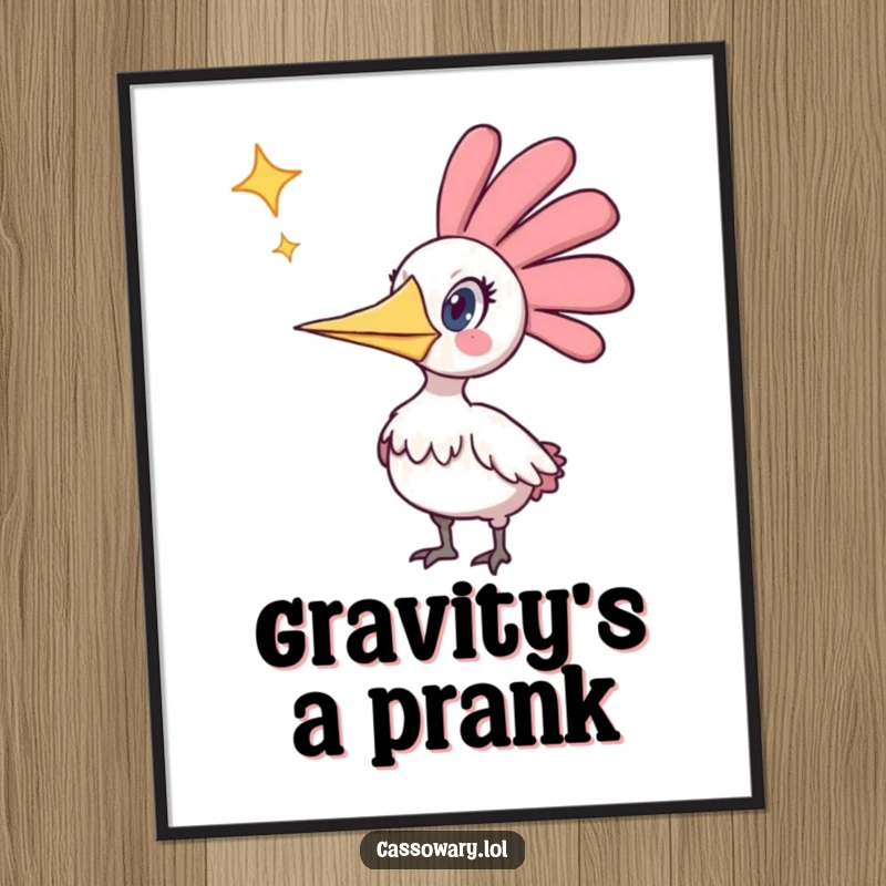 Funny poster of a cassowary looking shocked as a star gracefully falls from the starry night sky, a humorous celestial artwork.