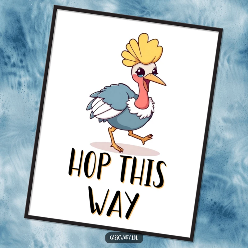 Funny kawaii cassowary poster capturing a cheerful bird in a playful hop, bringing vibrant energy and humor to any wall.
