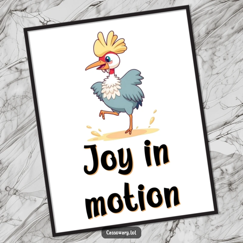 Funny cassowary poster, a joyous bird leaping high and kicking up dust, creating dynamic and humorous wall art.