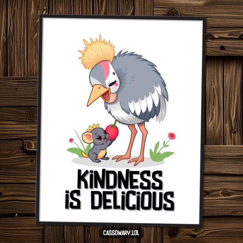 Funny cassowary poster art of a cassowary sharing a juicy berry with a small jungle creature, spreading kindness on walls.