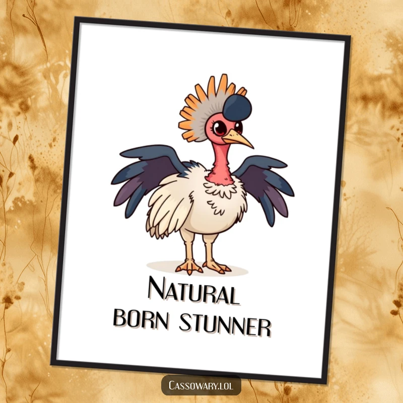 Funny cassowary poster of a proud bird posing majestically with its vibrant and colorful neck feathers. Stunning wall decor.