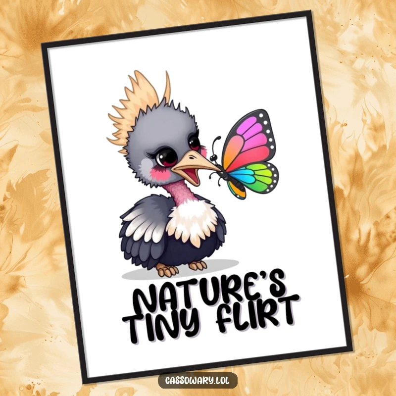 Funny poster illustrating a cassowary gently nudging a colorful butterfly with its beak, capturing a sweet and playful animal encounter.