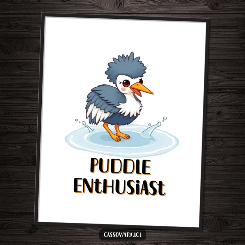 Funny poster featuring a kawaii cassowary gleefully splashing in a clear puddle, bringing vibrant, playful energy to any space.