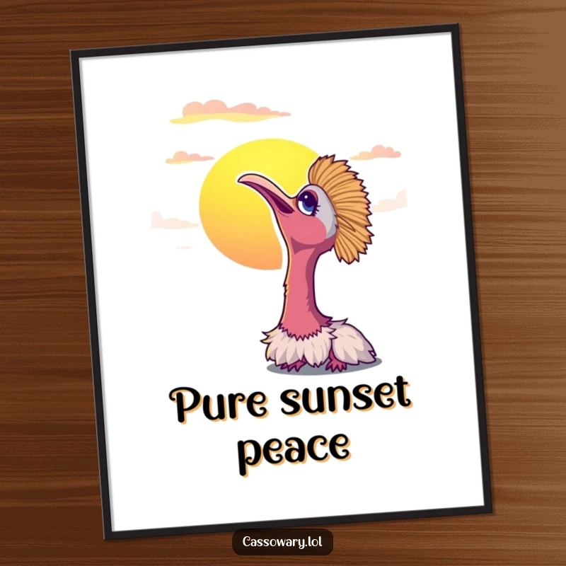 Funny cassowary poster illustrating a bird’s peaceful contentment while looking up at a vibrant sunset. Serene wall art.